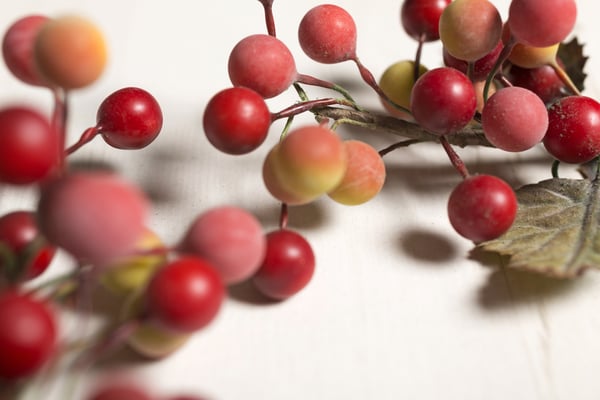 Home made colourful holly and berries on a light wooden surface